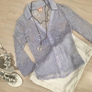 Vintage Guess sheer lace lavender stretch top Y2K